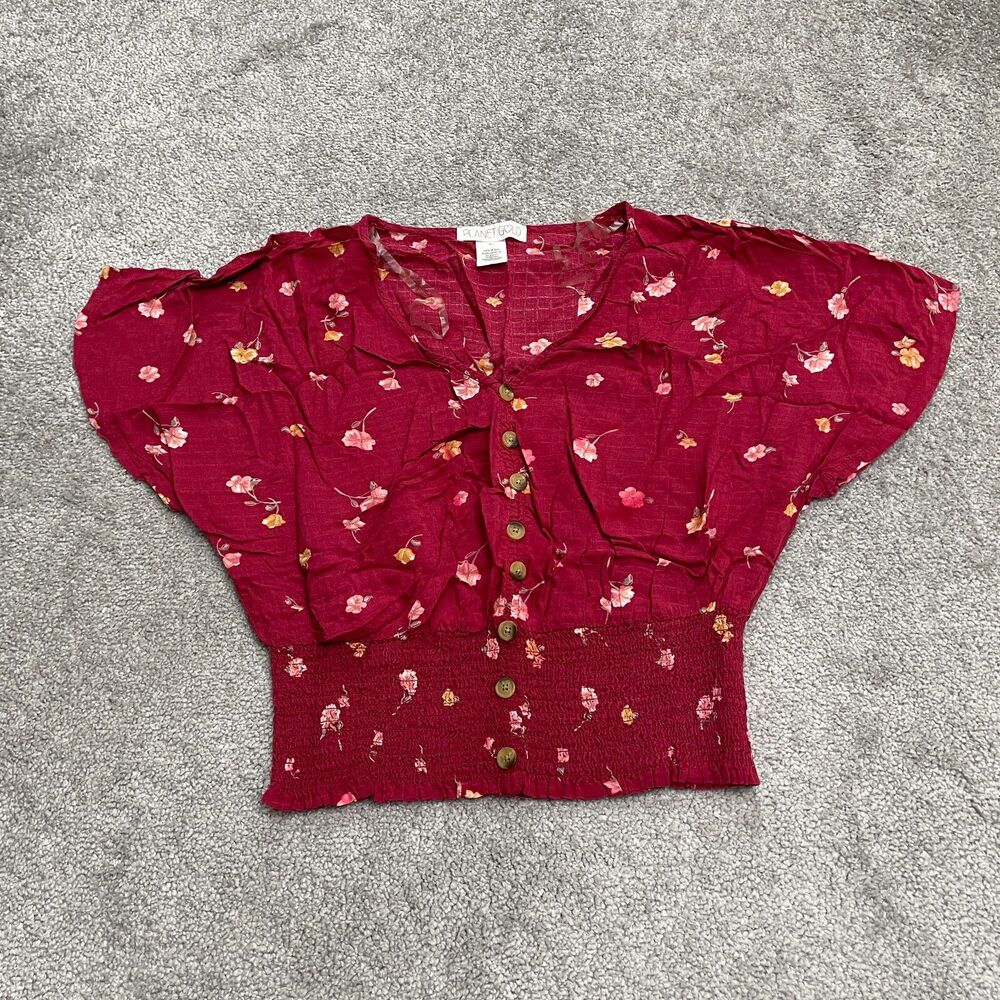 Planet Gold Floral Smocked Cropped Top Juniors XL Red Short Sleeve Button Casual